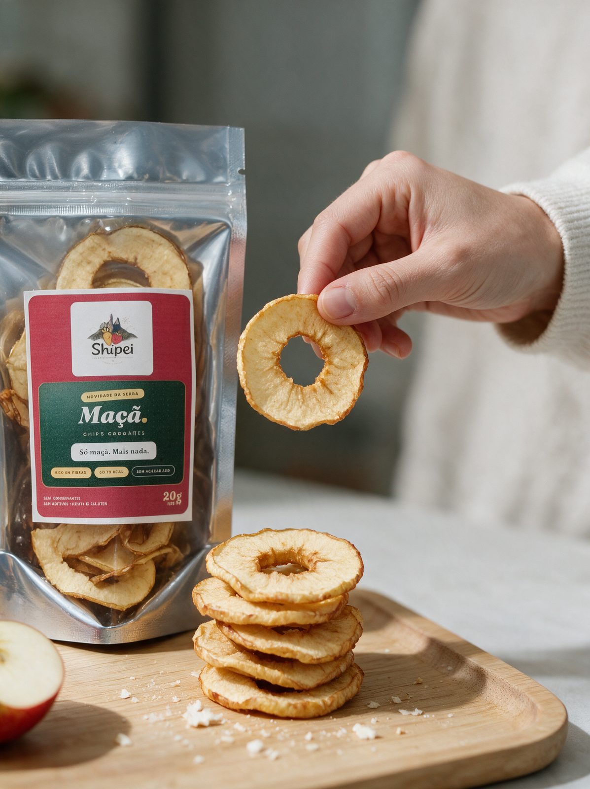Chips de fruta empilhados sobre uma tábua de madeira