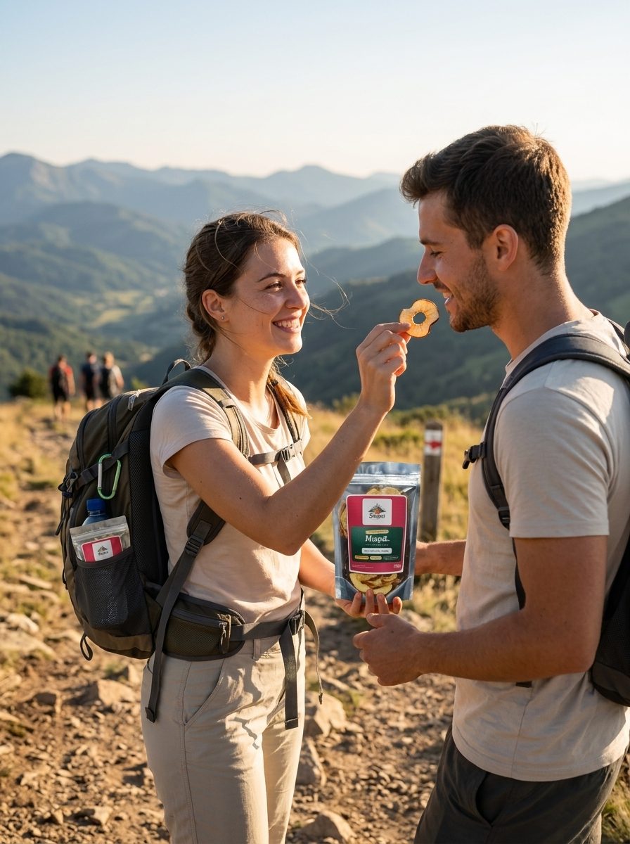 Casal em trilha nas montanhas compartilhando um chip Shipei